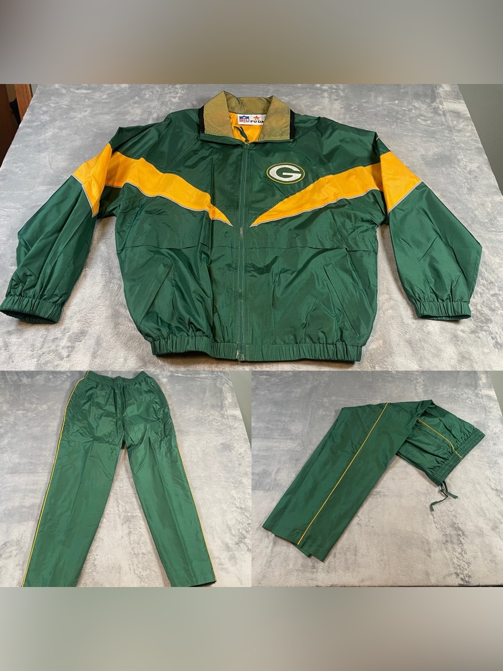 Vintage 90s FUDA Green Bay Packers Silk & Nylon Windbreaker Suit Set Size Medium
